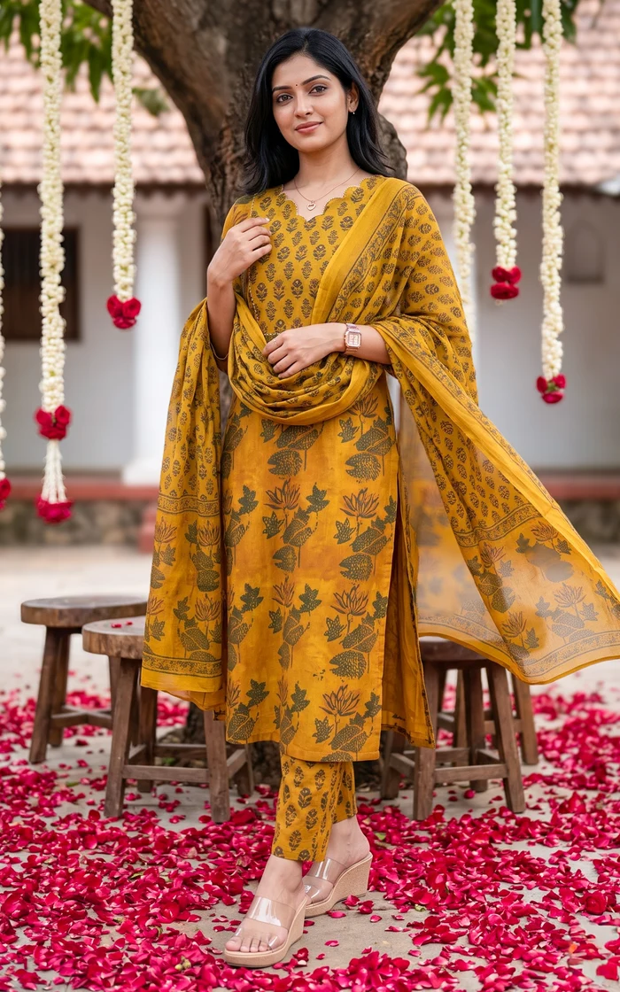 Mustard Yellow Floral Printed Straight Salwar set